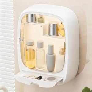 Bathroom Wall Organizer for Vanity, Wall Mount Dustproof Cosmetics Makeup Storage Holder with Drawer, Multifunctional Hair Accessories Skincare Storage Box for Bathroom