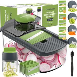 Ourokhome Mandolin Slicer with Handheld Spiralizer, Hand Safe Vegetable Shredder with 6 Mandoline Blades, Veggie Waffle Cutter for Potato, Carrot, Zucchini, Essential Kitchen Gadgets (10 in 1, Gray) (Green)