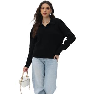 Women's Polo Sweater V Neck Long Sleeve, Pullover Knit Sweaters for Women Lapel Collar (Black, L)