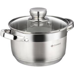 Daniks Standard 2 Quart Stainless Steel Stock Pot with Glass Lid, Try-Ply Bottom for Even Heating, Induction Compatible, Dishwasher Safe, Built-In Measuring Scale, Silver