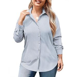 IN'VOLAND Women's Plus Size Button Down Shirts Casual Plus Size Boyfriend Shirt Long Sleeve Striped Blouse, 18W