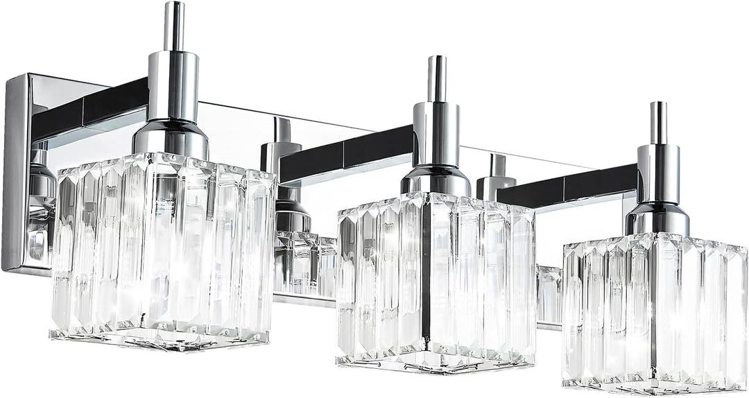 Crystal Bathroom Vanity Light 3-Light Wall Light Fixtures Over Mirror Chrome Vanity Lighting for Bathroom Square Shade Wall Sconce