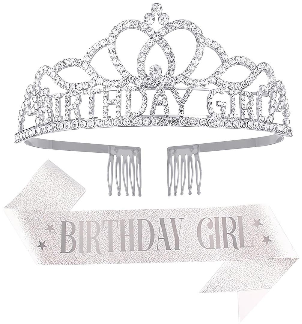 Birthday Tiara and Crown with Sash for Women, Hair Accessories for Wedding Party Costume (A1 - Silver)