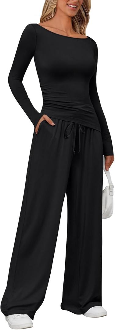 LILLUSORY Womens Boat Neck Long Sleeve Side Ruching Asymmetric Hem Top Wide Leg Pants 2 Piece Casual Lounge Set with Pockets (Small, Black)