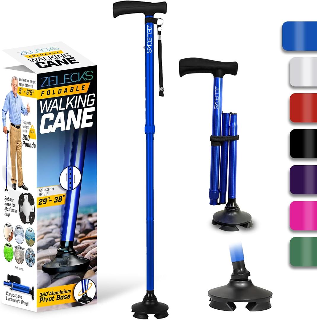 Walking Cane for Women & Men - Self Standing Adjustable Folding Cane with T Handle and 360 Pivot Base - Lightweight Foldable Walking Stick for Seniors - Collapsible Cane for Walking