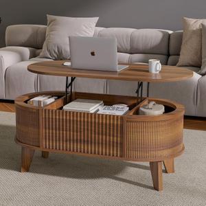 LYNCOHOME Fluted Lift Top Coffee Table with Storage, Modern Oval Coffee Table for Living Room or Home Office (Walnut)