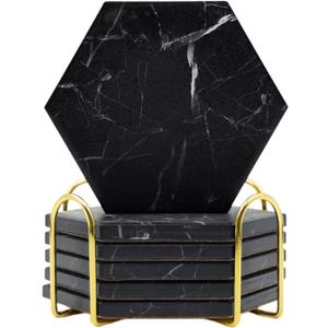 Absorbent Hexagon Black Marble Coasters for Drink with Gold Holder and Cork Base Set of 6 Decorative Tabletop Protection for Bar Kitchen Home and Dining Room