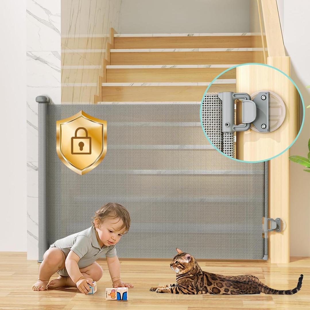 No Drilling Retractable Baby Gates for Stairs with Auto-Lock, 33" x 55" Mesh Baby Dog Pet Cat Gate with Double Locking for Doorways, Durable Child Safety Gate for Hallways Kitchen Indoor Outdoor Gray