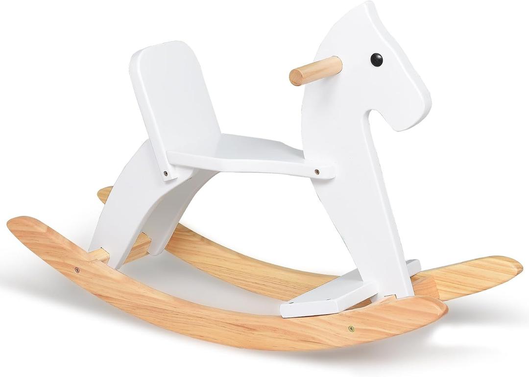 Wooden Rocking Horse Baby Ride On Toy for Toddlers Solid Wood Classic Design with Comfortable Pedal and Safe Backrest Ideal Gift for Kids (Classic, White), 31.5*9.8*20.5