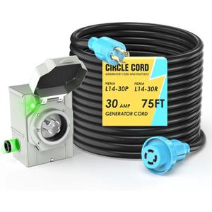 CircleCord 4 Prong 75 Feet 30 Amp Generator Extension Cord and Inlet Box with Locking Connector, Heavy Duty NEMA L14-30P/L14-30R, 125/250V 7500W 10 Gauge SJTW Generator to House Power Cord