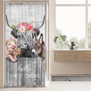 Small Stall Rv Farmhouse Highland Cow Shower Curtain 36Wx72H Inch Narrow Single Funny Rustic Western Animal Shower Curtain Bathroom Set Wooden Waterproof Bath Decoration Accessories Home Decor
