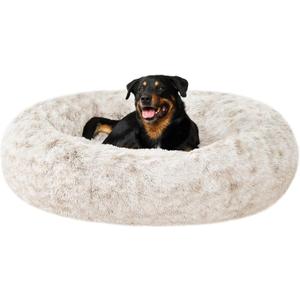 Furhaven 45" Round Calming Donut Dog Bed for Large Dogs, Refillable w/Removable Washable Cover, for Dogs Up to 90 lbs - Shaggy Plush Long Faux Fur Donut Bed - Driftwood Brown, Jumbo/XL