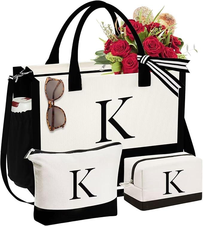 YOOLIFE Gifts for Women - Initial Canvas Tote Bag & Makeup Bag, Birthday Gifts for Women Mom Sister Friends