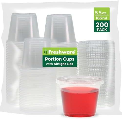 Freshware Plastic Portion Cups with Lids [5.5 Ounce, 200 Sets] Souffle Cups, Jello Shot Cups, Condiment Sauce Containers For Sampling, Sauce, Snack or Dressing