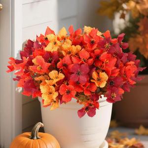 Artificial Fall Mums Flowers Plants for Outdoor Decoration, 12 Bundles Faux Fake Silk Orange UV Resistant Look Real for Autumn Front Door Porch Planter Patio Garden Home Decor (12Pcs Orange Hydrangea)