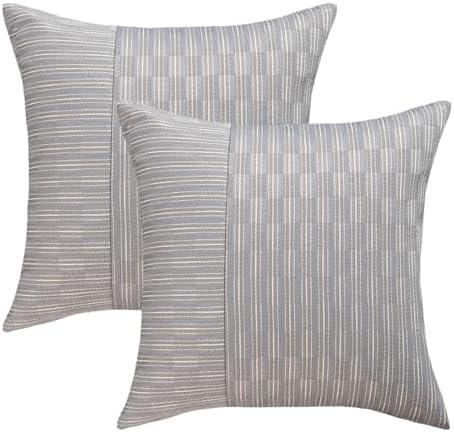 Kevin Textile Grey and Beige Farmhouse Striped Patchwork Linen Decorative Throw Pillows Covers 20x20, Set of 2, Modern Accent Square Cushion Covers for Couch Chair Bedroom Fall Decorations