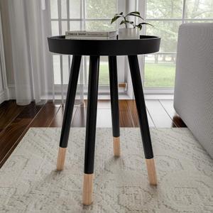 Lavish Home Round End Table  2-Tone Wooden Mid-Century Modern Stand with Tray Top to Hold Drinks or Display Dcor  Accent Table or Nightstand (Black)