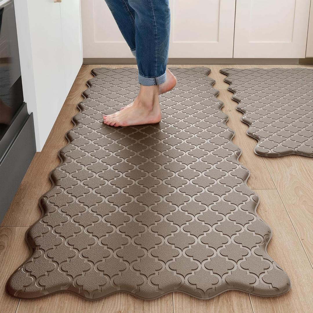 Arenarug Upgrade Scalloped Embossed Kitchen Mats for Floor 2PCS Cushioned Anti Fatigue Waterproof Foam Kitchen Rugs Non Slip Washable Comfort Standing Mat for Office Sink Laundry, Brown (17.3"x30"+17.3"x47", Basic Solid- Brown)