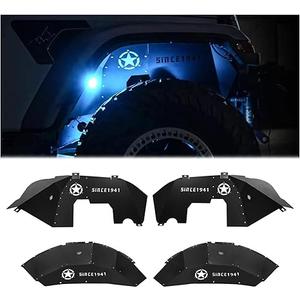Front & Rear Inner Fender Liners Wheel Cover for 2018-2024 Jeep Wrangler JL JLU Unlimited Bolt-on Wheel Liners Engine Protection with Light & Star Logo, 4 PCS