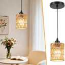 Rattan Pendant Light Kitchen Island, Mini Wicker Pendant Light, Premium Dried Rattan, Adjustable Hand Woven Boho Hanging Lamp for Dining Room Hallway, Sloped Ceiling Compatible, E26 (Beige-W12cm)