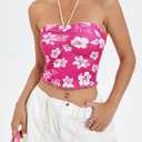 Women's Floral Print Halter Top Sweetheart Neck Ruched Tie Back Slim Fit Crop Tops (Pink, M)