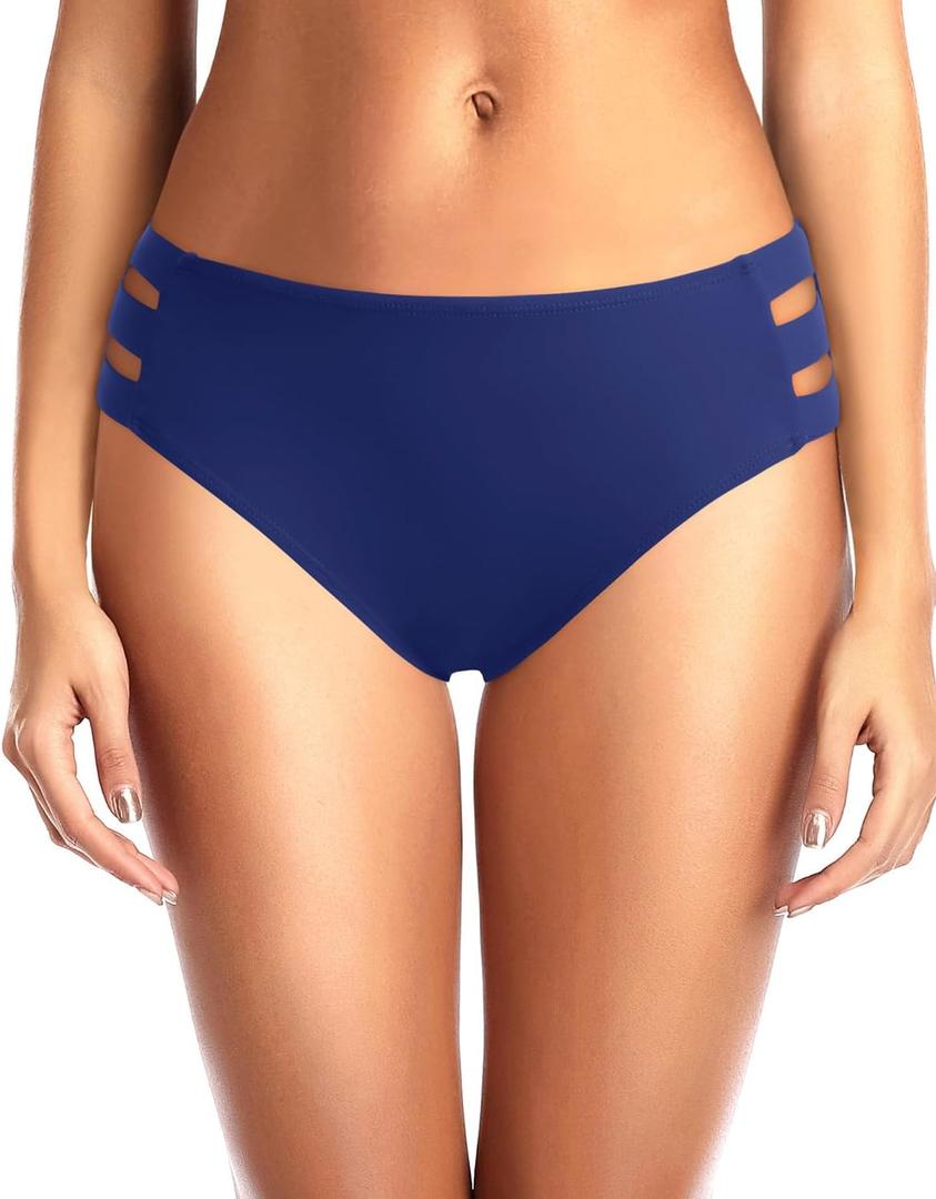 Zmart Women Standard Strappy Bikini Bottoms Full Coverage Bathing Suit Cutout Swim Low Rise Swimsuit Bottom (Large, Navy Blue)