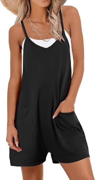 Caracilia Rompers for Women Summer Casual Loose Sleeveless Overalls Spaghetti Strap Shorts Jumpsuits Beach Vacation Clothes Black Medium