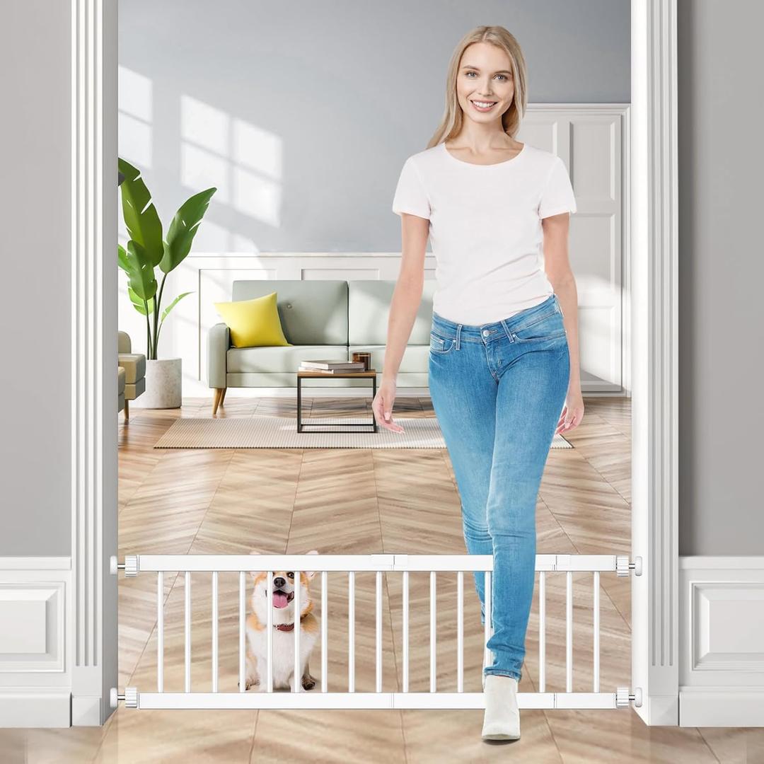Fldofaves Dog Gate - 18"-45" Adjustable Extra Wide Metal Baby Gate to Step Over, 10" Tall Small Pet Gate with 3 Extension Kits, Pressure Mounted for Doorways & Stairs, White