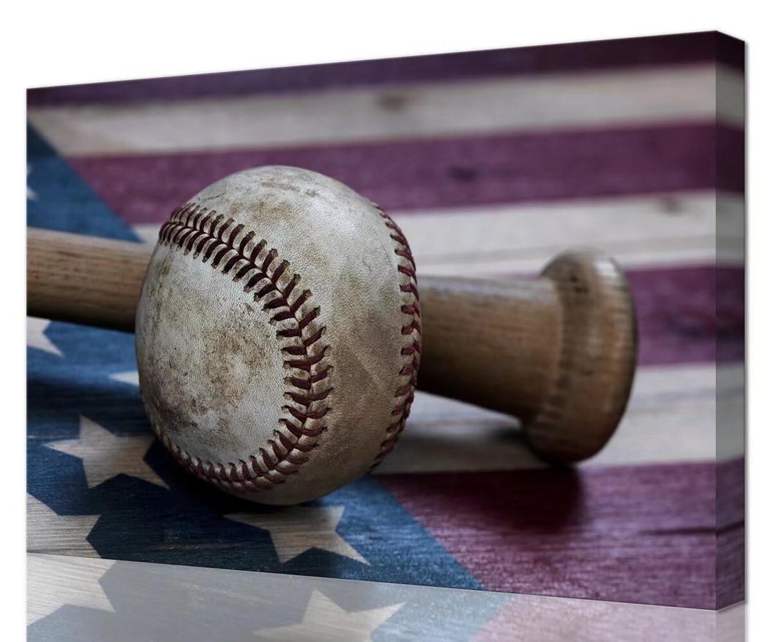 HQLLingArt Baseball Canvas Wall Art for Boys Room Office - Baseball Wall Decor for Living Room Bedroom - United States Flag Picture Framed Ready to Hang(24''H x 36''W)