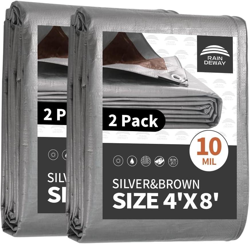 RAINDEWAY 4x8 Feet(2 Pack) Tarps Heavy Duty Waterproof,10Mil Thick Multipurpose Poly Small Tarp Cover with Metal Grommets and Reinforced Edges,Silver/Brown Tarp