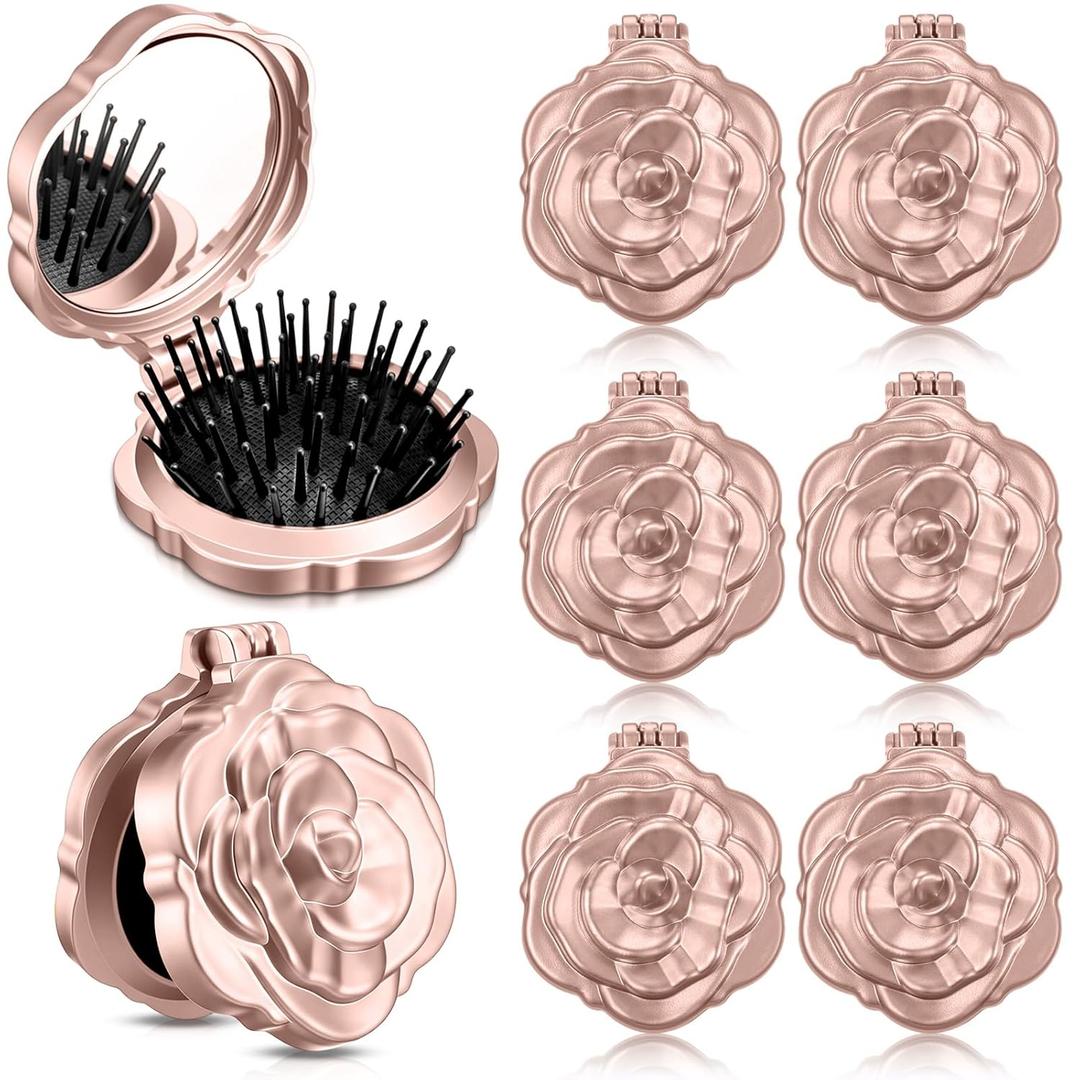 6 Pcs Rose Travel Brush for Women Mother's Day Mini Compact Purse Hair Brush with Mirror Wedding Bridal Bachelorette Favors Portable Pocket Mirror Folding Comb for Hairstyle(Rose Gold)
