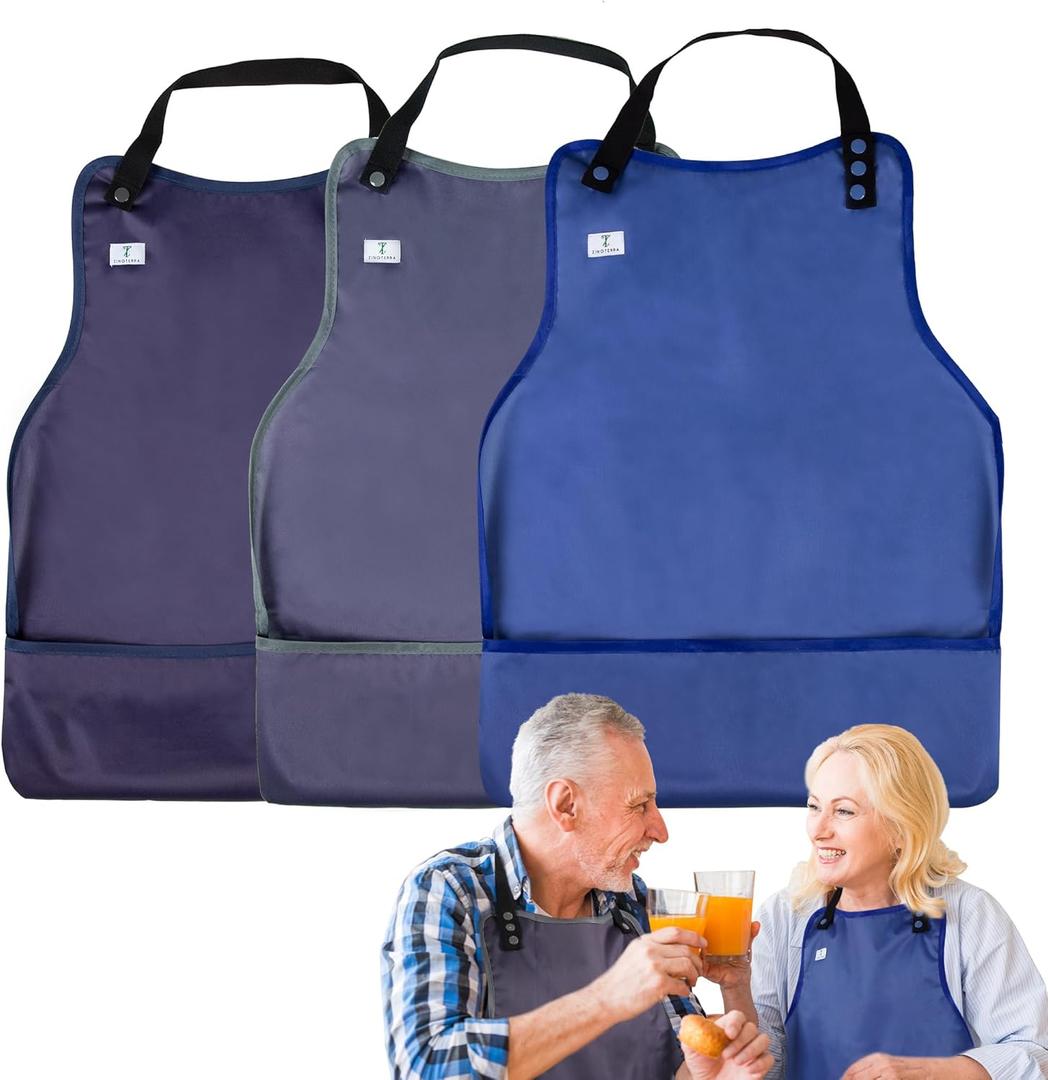 Adult Bibs with Crumb Catcher,3Pack Adjustable Bibs for Eating,Waterproof Washable Men Clothing Protectors,Reusable Large Feeding Bib for Women Elderly Seniors (Dark Color)