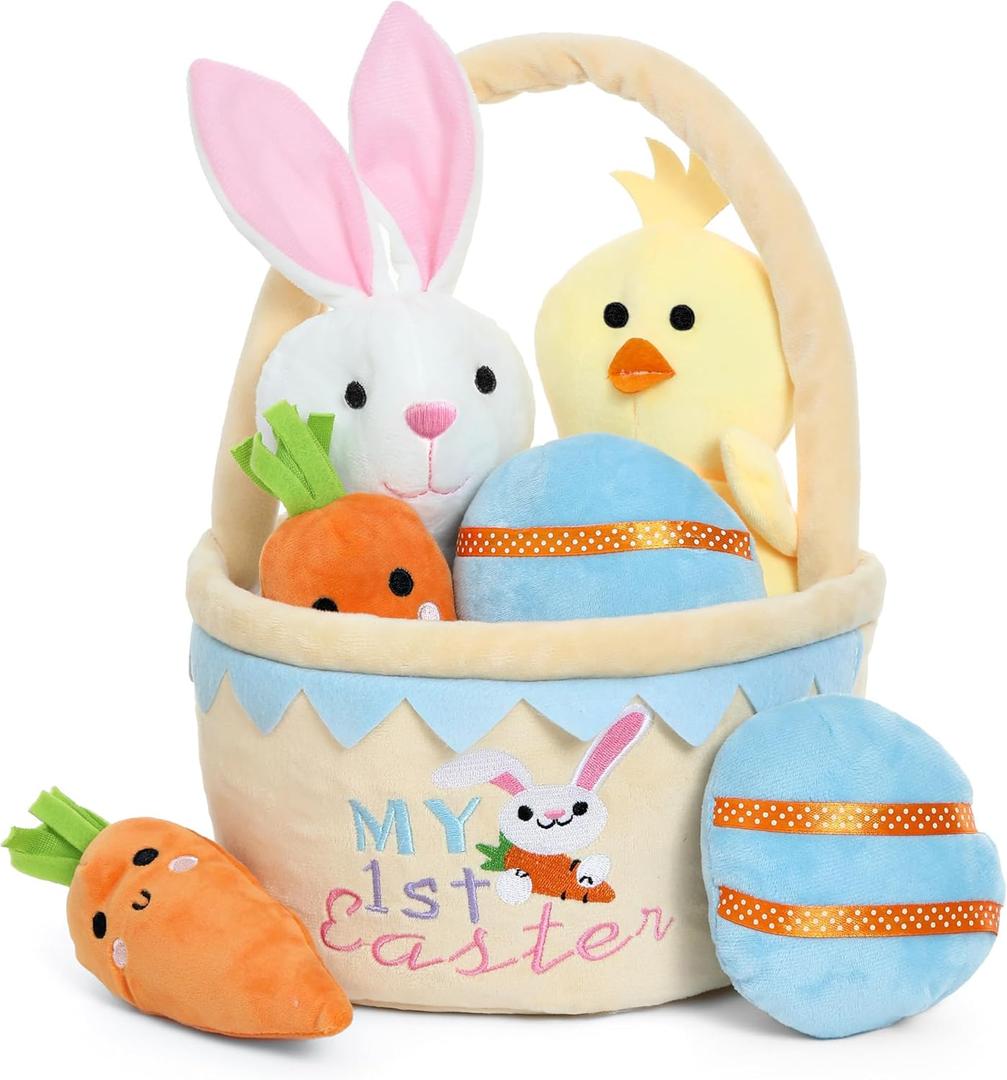 My First Easter Basket Stuffed Plush Playset Baby's First Easter Basket Stuffed Cartoon Bunny Easter Egg Plush Basket for Kids 5pcs (Yellow)