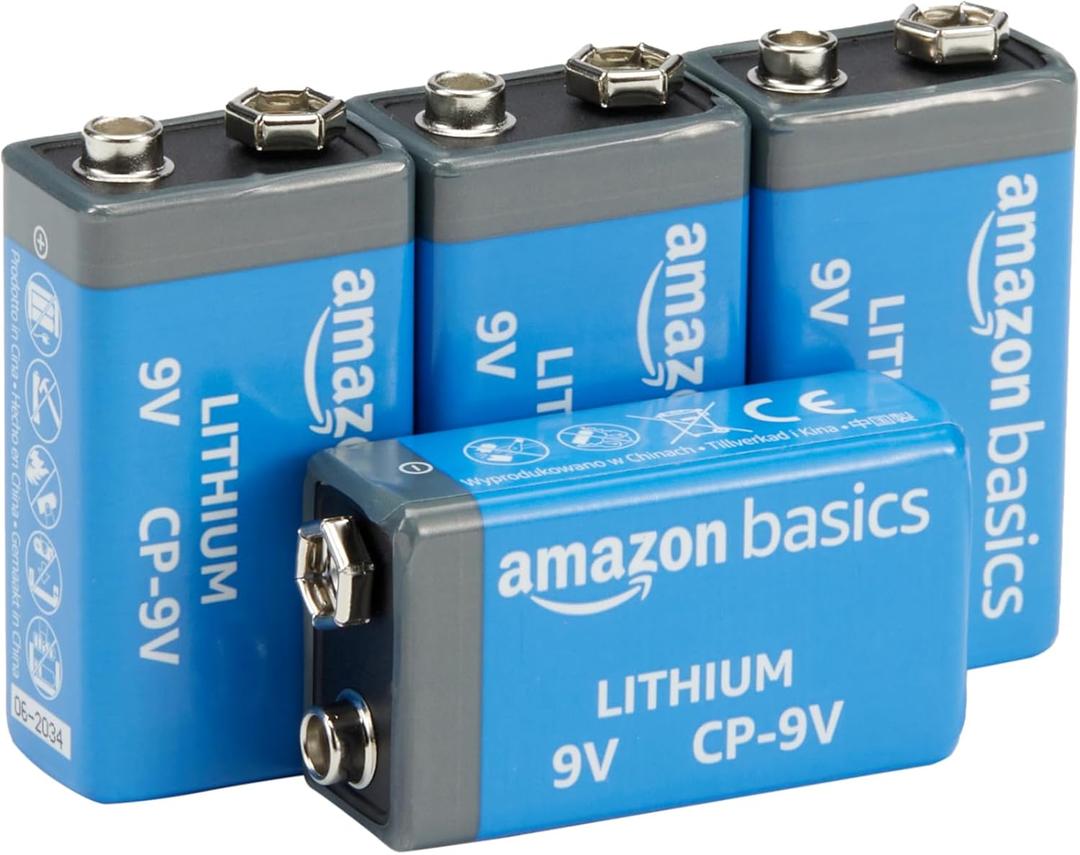 Amazon Basics 4-Pack 9 Volt Lithium High-Performance Batteries, 10-Year Shelf Life, Long Lasting Power