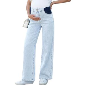 BLENCOT Maternity Jeans for Women High Waist Straight Leg Pregnancy Denim Pants with Pockets (Blue, L)