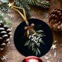 Antique Mistletoe Ceramic Christmas OrnamentsXmas Gift Ornament for Women, Dark Academia Mistletoe Decor Ornaments for Christmas TreeGold Bow Botanical Hanging Ornament for Xmas Tree,3x3