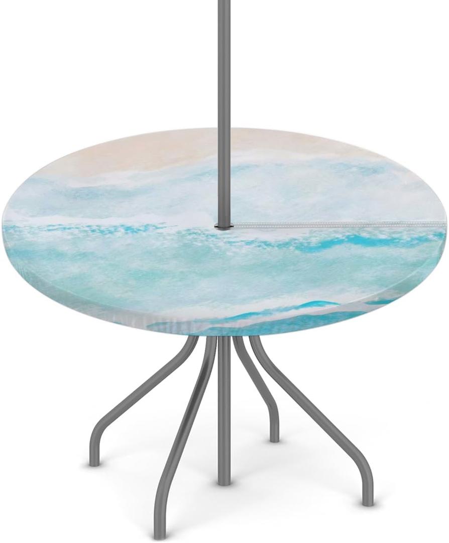 Pardick Twilight Sea Outdoor Tablecloth with Umbrella Hole and Zipper, Waterproof Patio Table Cover Round Elastic Fitted Table Cloth for Party Picnic Patio, Fits 36"-44" Patio Tables