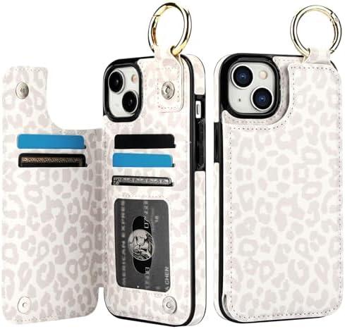 HAOPINSH for iPhone 15 Plus Wallet Case with Card Holder, White Leopard Cheetah Print Back Flip Folio PU Leather Kickstand Card Slots Case, Finger Grip Ring Double Magnetic Clasp Shockproof 6.7"