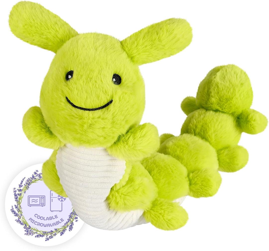 Green Caterpillar Stuffed Animal Neck Pillow, Warmable & Coolable Plush Toy, Lavender Scented Heating Pad for Relaxation, Cute Caterpillar Gifts for Kids & Adults