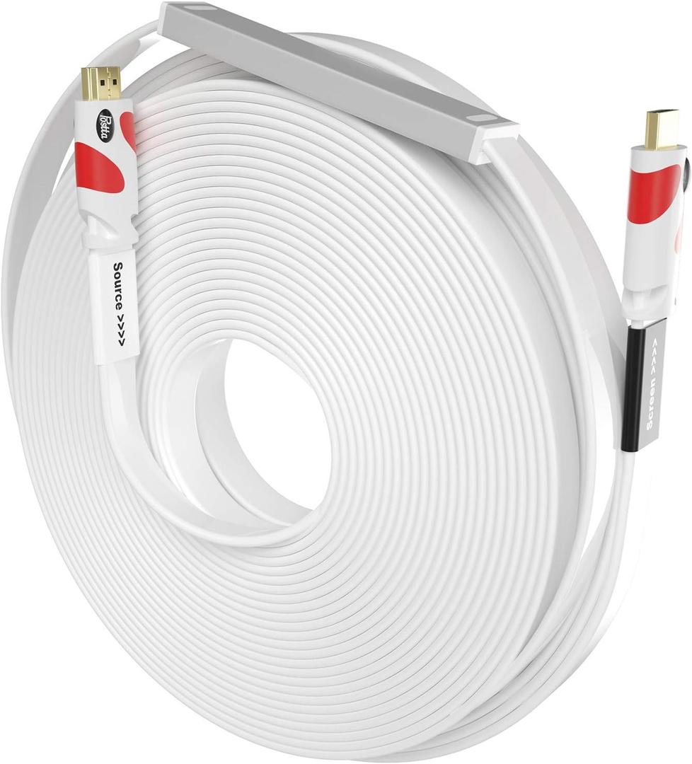 Postta Flat HDMI Cable 75 Feet Flat HDMI 2.0 Cord with Built-in Signal Booster Support 4K(2160P),3D,2K(1080P),Ethernet and Audio Return(White-Red) (75FT)
