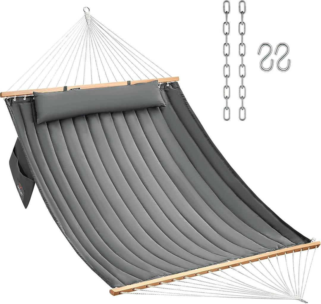 CHULIM Double Quilted Fabric Hammock with Hardwood Spreader Bars and Pillow 450 LBS Capacity 2 Person Large Hammock for Outdoor Patio Backyard Poolside - Dark Grey
