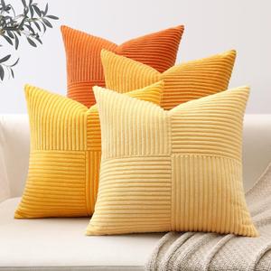 OTOSTAR Set of 4 Orange Decorative Throw Pillow Covers 18x18 Inch Fall Striped Corduroy Square Pillow Cases Boho Farmhouse Cushion Cover for Sofa Couch Bedroom Living Room with Invisible Zipper