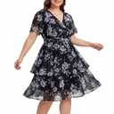 Plus Size Women Wedding Guest Dresses V Neck Tiered Chiffon Short Sleeves Empire Waist Semi Formal Cocktail Dress XXL