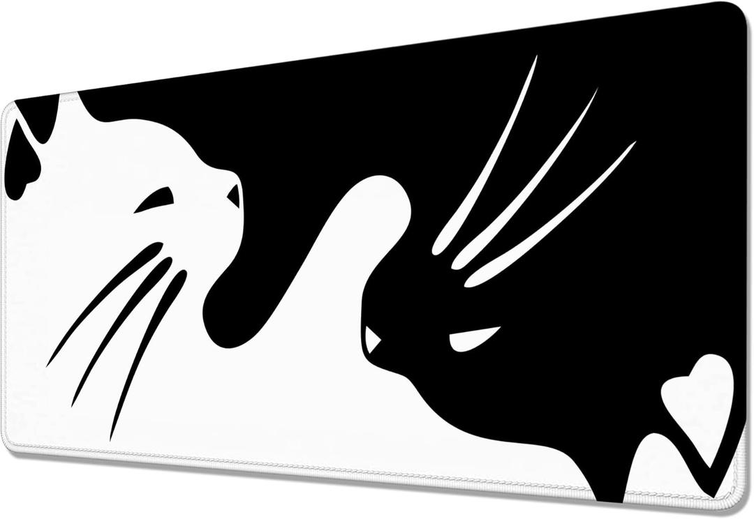 Cute Black and White Cats Desk Mat,Large Gaming Mouse Pad,Non-Slip Rubber Base Mousepad with Stitched Edges,Waterproof Mouse Mat Desk Pad for Work, Game, Office (31.5x15.7 in)