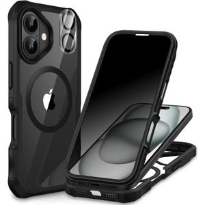 CENHUFO Magnetic Privacy for iPhone 16 Case [Compatible with Magsafe] Full Body Phone Case Built-in 9H Tempered Glass Privacy Screen Protector and Camera Lens Cover, Shockproof Bumper Clear -Black