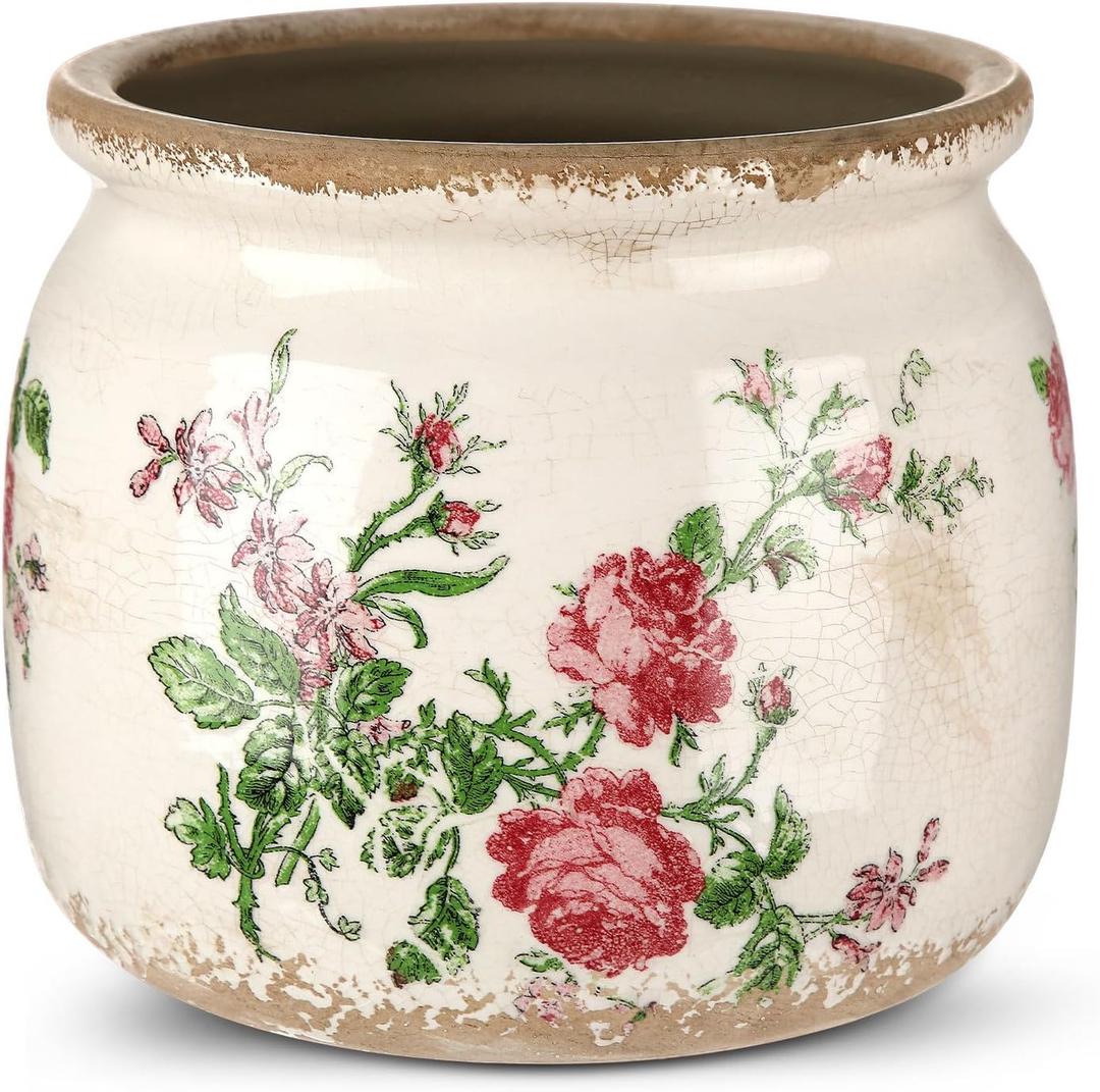 Vintage Planter Large Ceramic Plants Pot Beige Pink French Rose Ice Crack Cottage Scroll Vase Flower Vase Pot Indoor Plants Home Kitchen Decor Farmhouse Antique Decorative Gifts