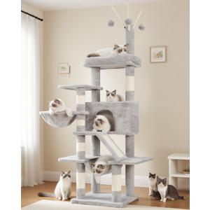 Cat Tree, Multi-Level Cat Tower for Indoor Cats, Cat Condo with Cat Scratching Post and Board, Cat Hammock, Light Gray GCT011W (63 inches)