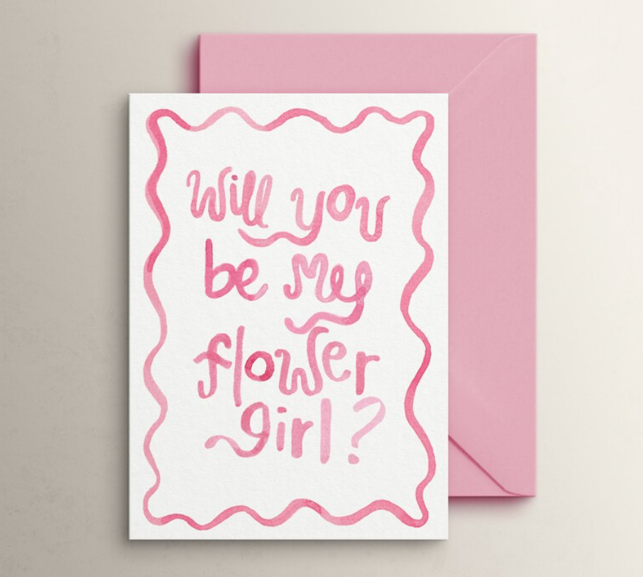 Will you be our flower girl card. Cute Proposal card for wedding party flower girl. Printed card. Pink. One Card.