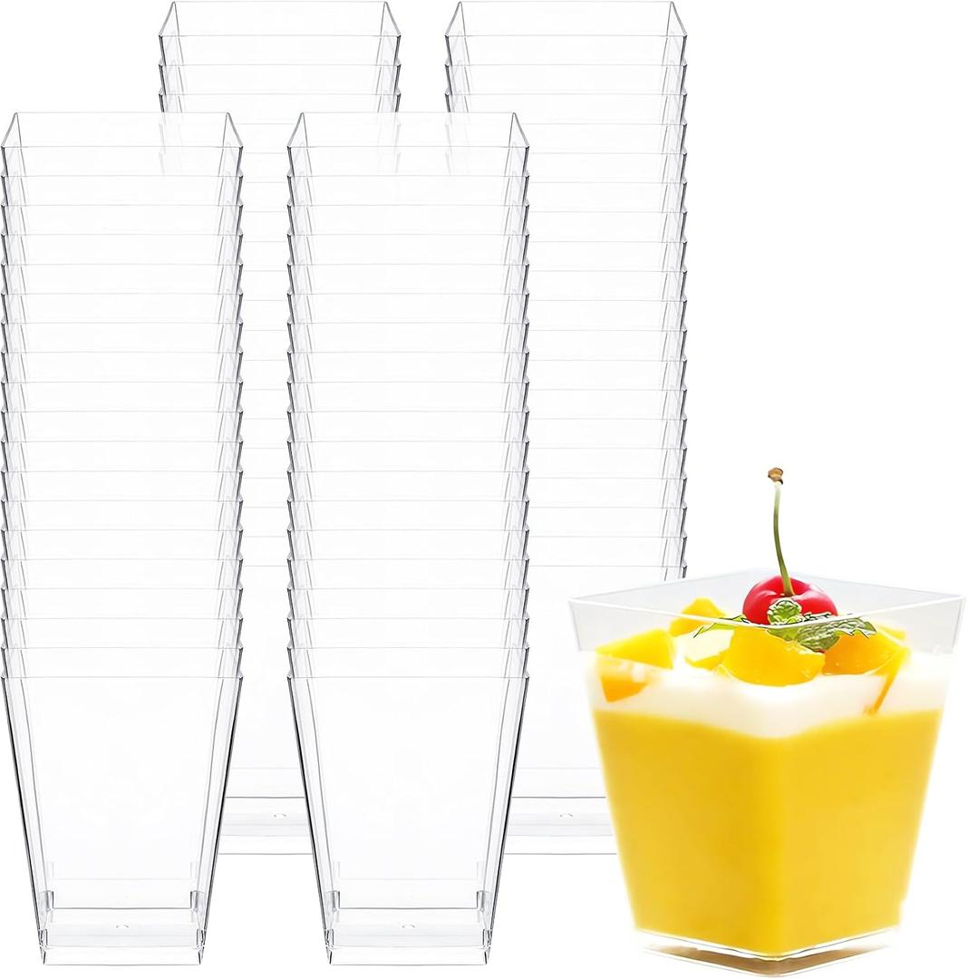 5 oz Mini Dessert Cups, 100 Pack Small Square Plastic Cups, Clear Appetizer Cups for Pudding, Yogurt, Mousse, Wedding and Party