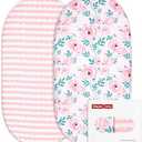 Gllquen Baby Bassinet Sheets Set 2-Pack, Breathable Cozy Bassinet Fitted Sheet Universal Fit Standard Mattress Oval Rectangle Cradle Baby Sheets for Baby Boy Girls Unisex 32"x16" (Pink Flower)